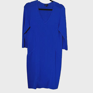 Blue Thick Knit Dress  SZ Large Office Career Knee  Figure Flattering V Neck